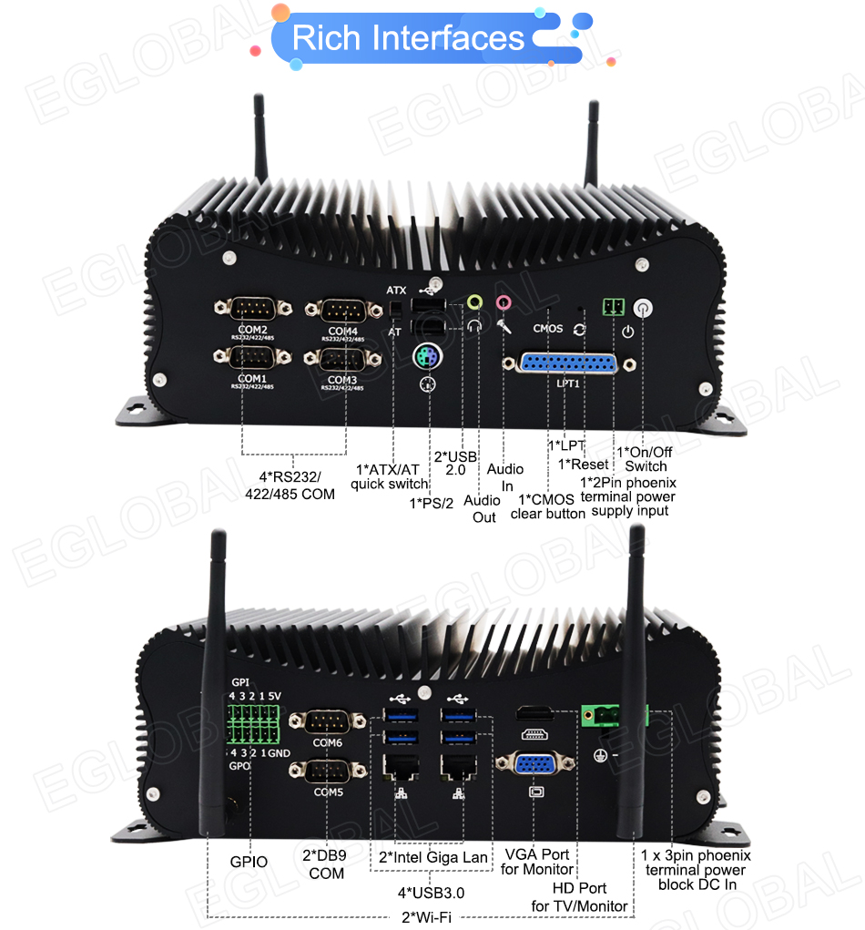 Fanless Small PC with 6 COM, 2 RS232/422/485 on dB9 Type 12V DC